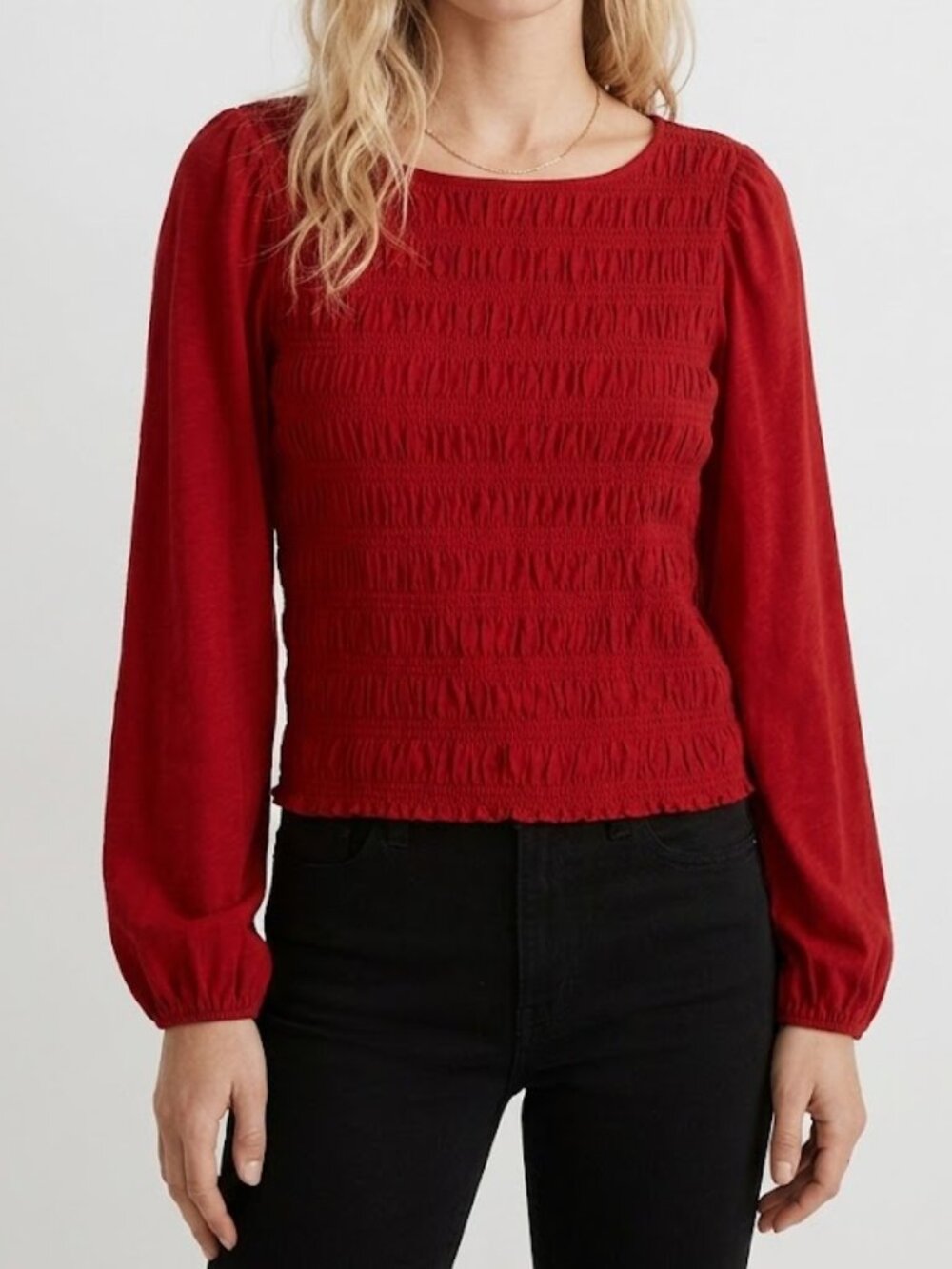 Madewell Smocked Cotton Boatneck Puff Sleeves Slim Fit Top Red Size M NWT